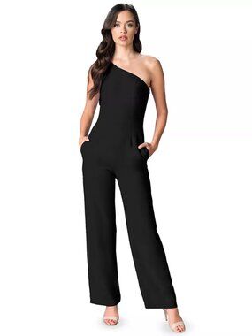 Dress the Population Tiffany Bow Trim One Shoulder Jumpsuit